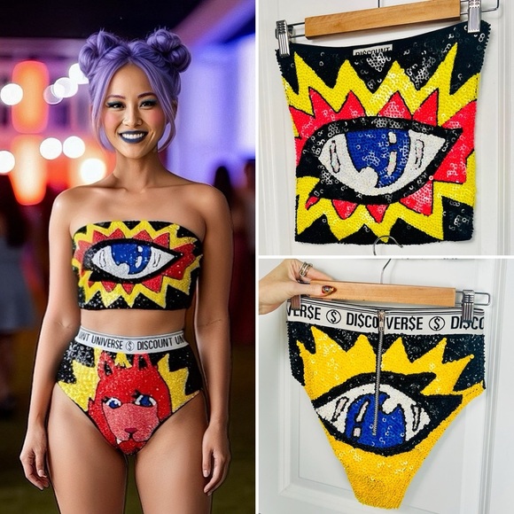 Discount Universe Trash TWO PIECE SET Sequin Beaded Festival Tube Top & Bottoms - Picture 13 of 13